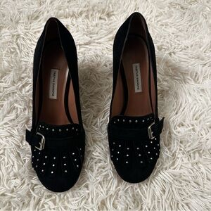 Tabitha Simmons Suede Studded Fringe Loafer Pumps Shoes size 38.5